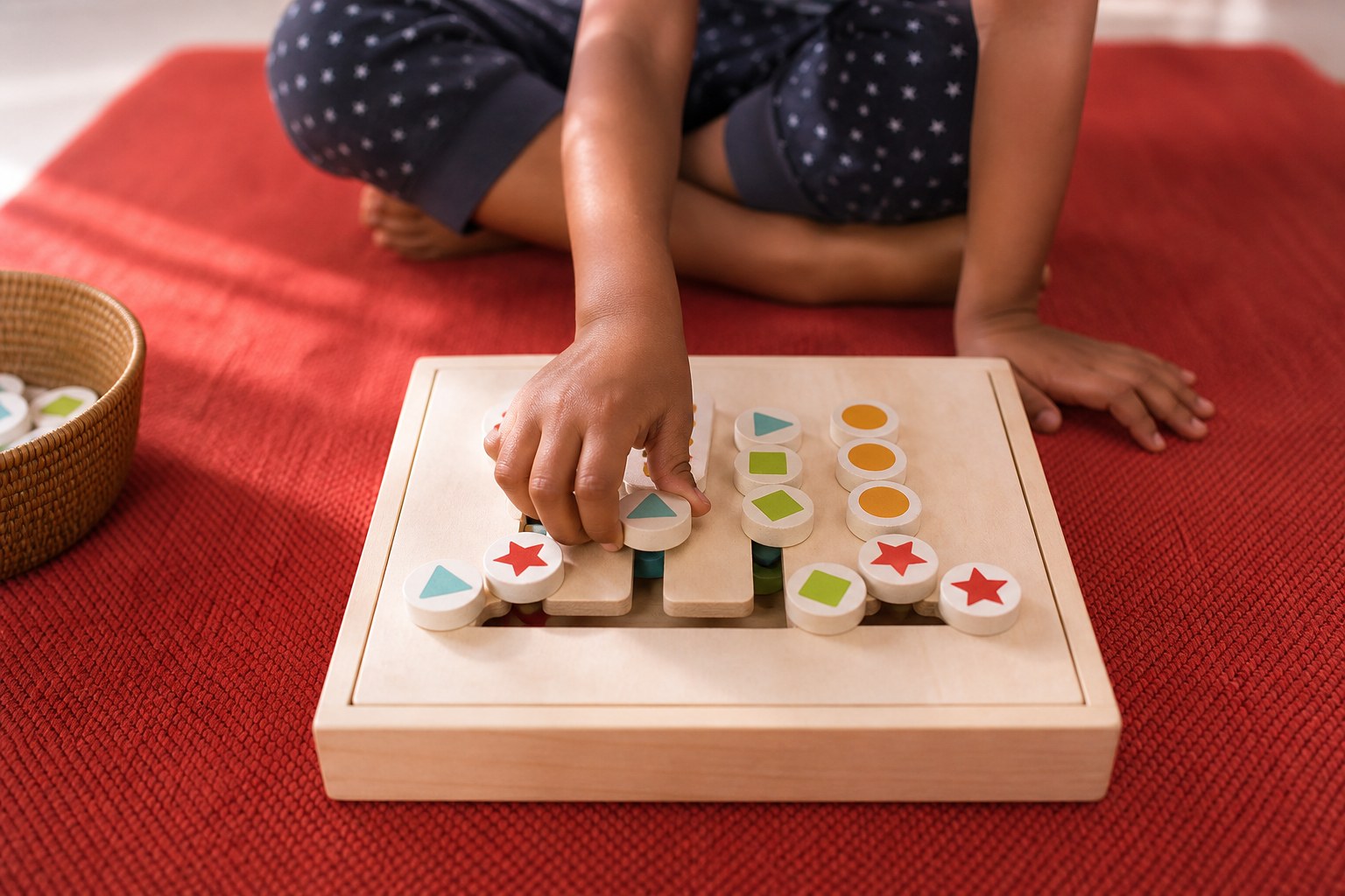 Child exploring Montessori materials by hand