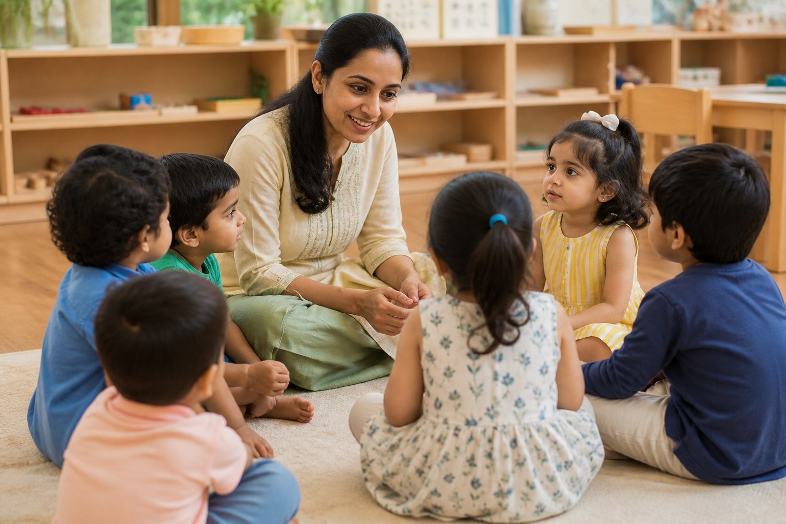 Teacher guiding children in a classroom circle